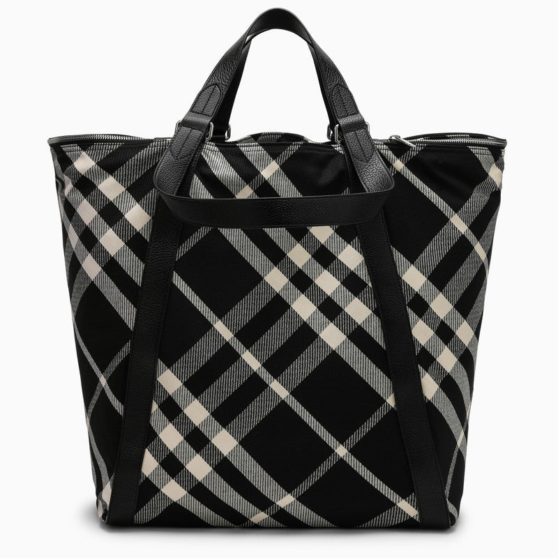 Burberry Black/Calico Cotton-Blend Tote Bag With Check Pattern Men