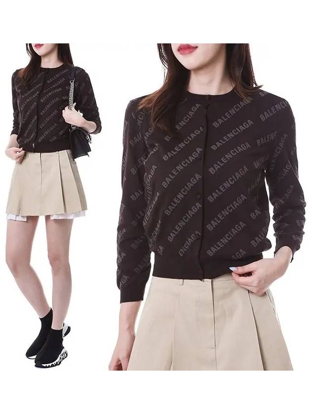 Luxury Balenciaga  All-Over Logo Print Cotton Crop Cardigan Brown