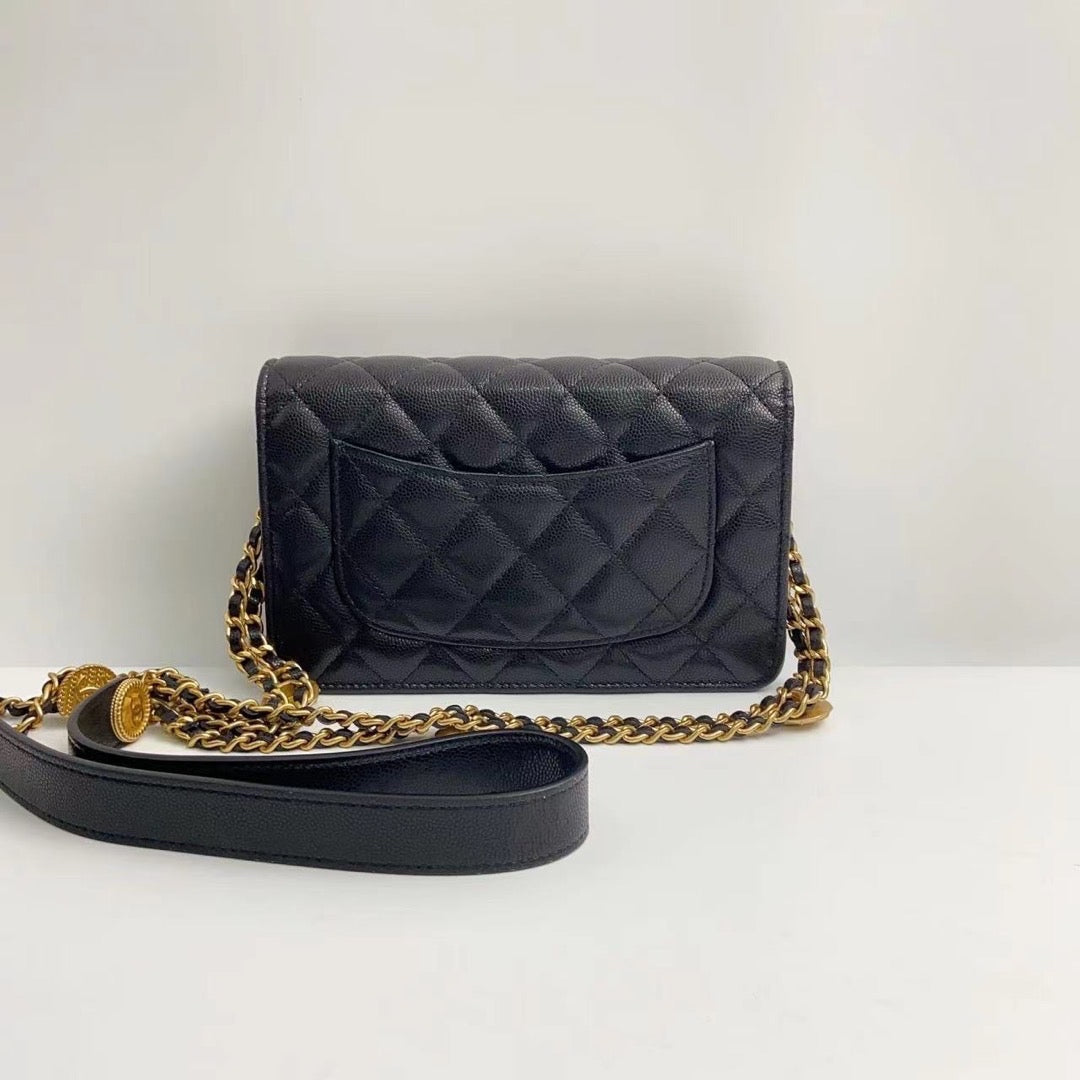 Rank A｜ CHANEL Matelasse Caviar Skin COCO Mark Coins Chain Wallet Black Gold Hardware ｜2302239