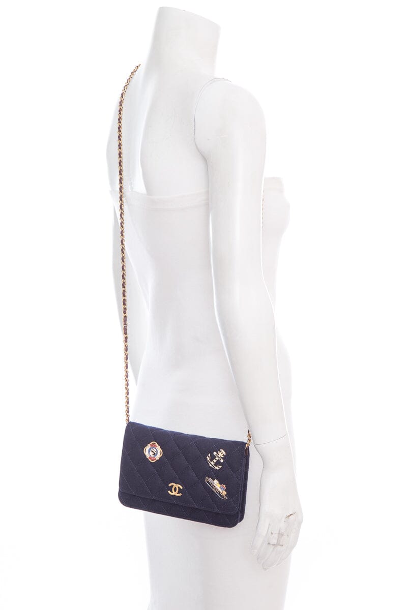Chanel Navy Felt Quilted Paris-Hamburg Charms Wallet On Chain