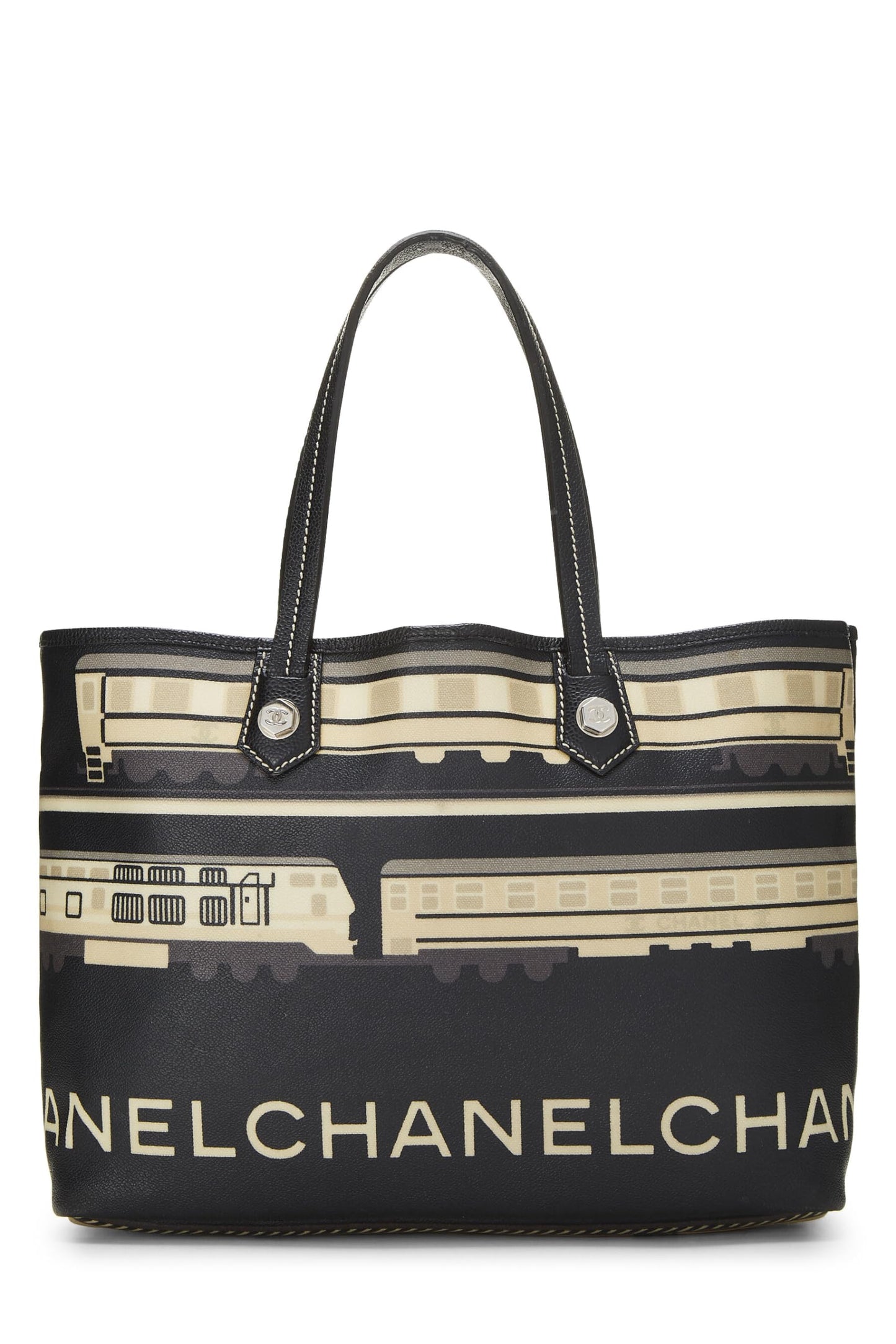 Chanel,  Black & Multicolored Coated Canvas Le Train Tote, Black