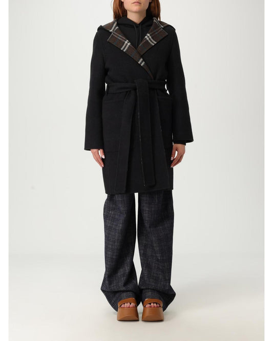 Burberry Belted Hooded Wool Coat Women Black 34 Black