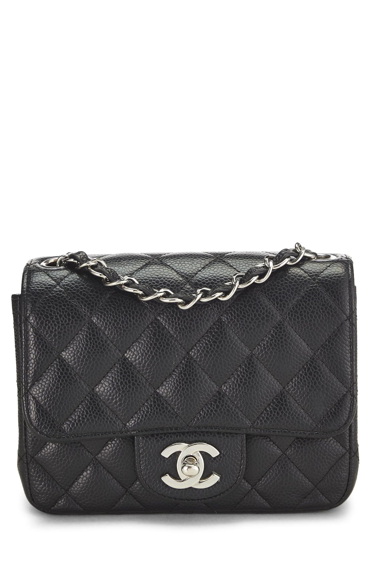 Chanel,  Black Quilted Caviar Classic Square Flap Mini, Black