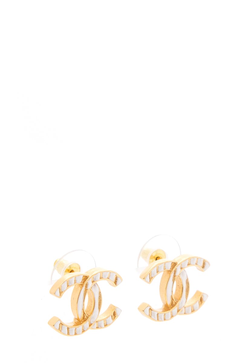 Chanel 2023 White & Gold Interlocking CC Stripe Stud Earrings