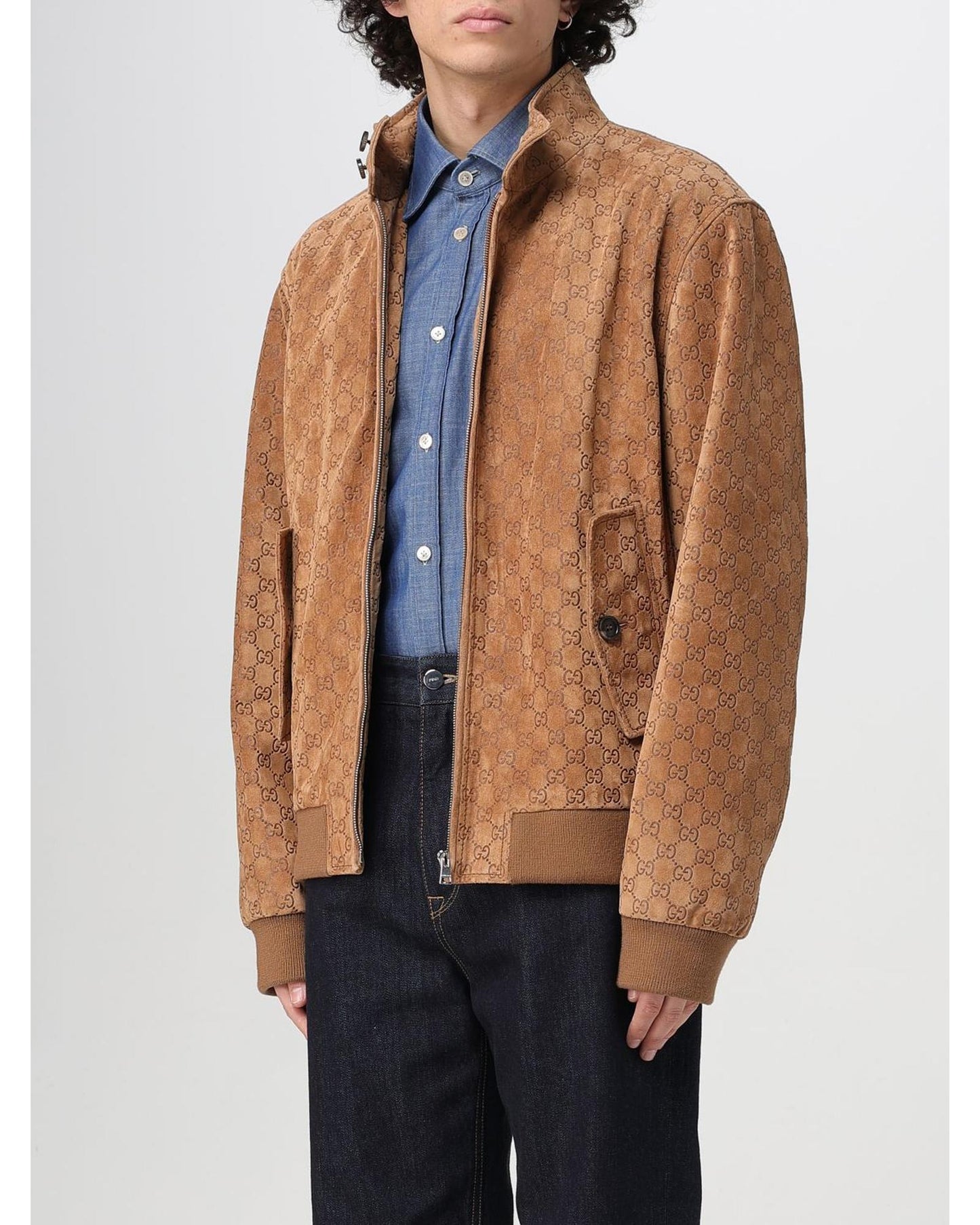 Gucci GG Suede Bomber Jacket Men Camel