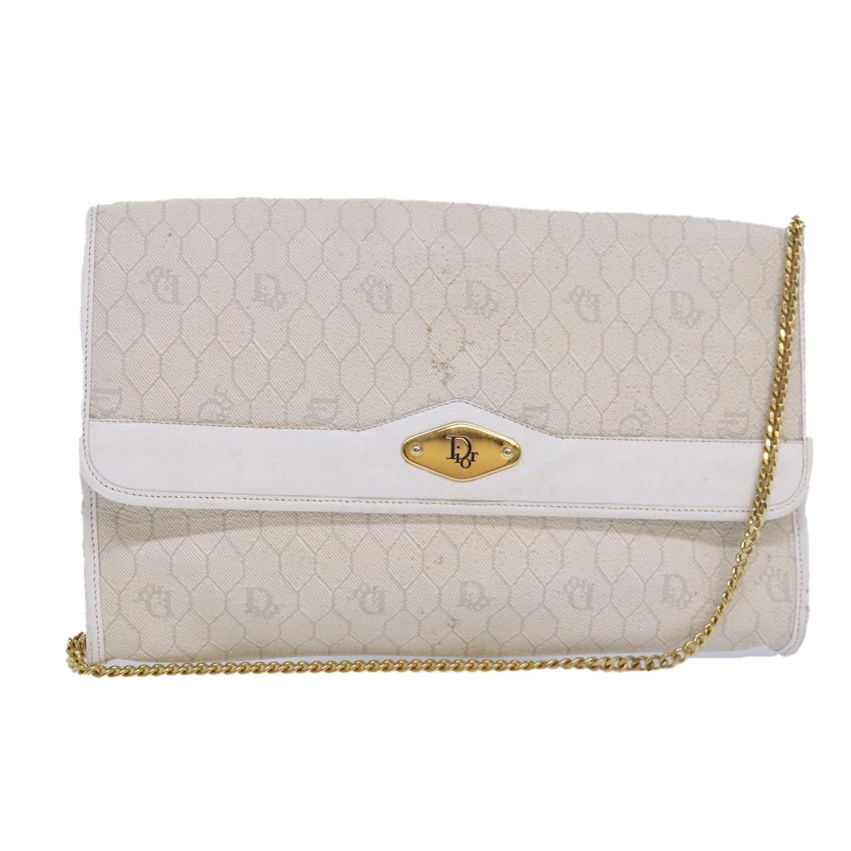 CHRISTIAN DIOR Honeycomb Canvas Chain Shoulder Bag PVC Leather White Auth 81608