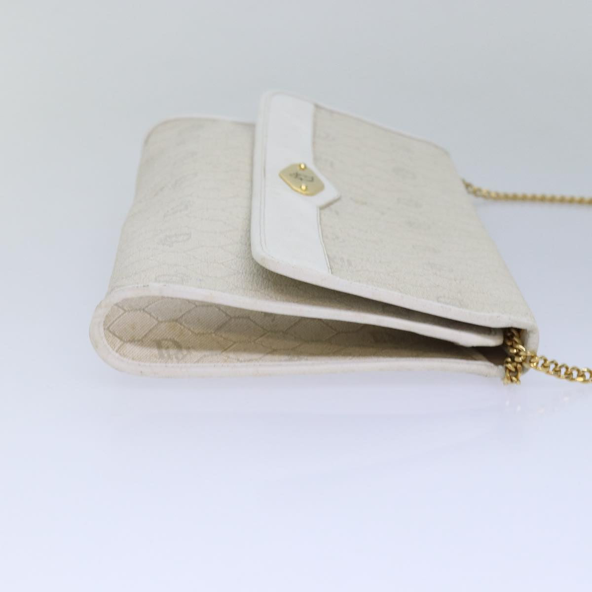CHRISTIAN DIOR Honeycomb Canvas Chain Shoulder Bag PVC Leather White Auth 81608