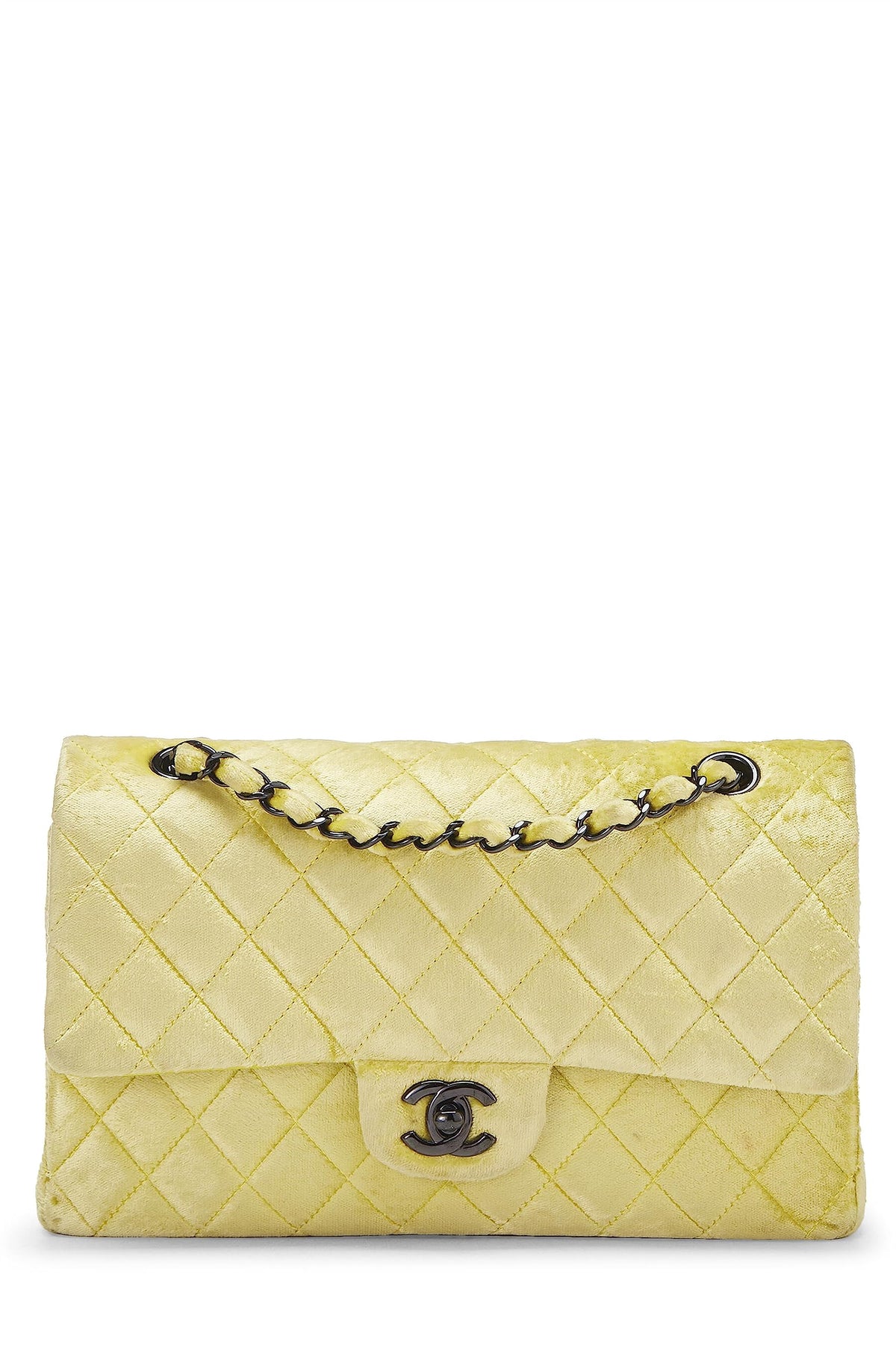 Chanel,  Yellow Quilted Velvet Classic Double Flap Small, Yellow
