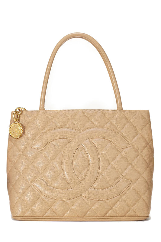 Chanel,  Beige Quilted Caviar Medallion Tote, Beige
