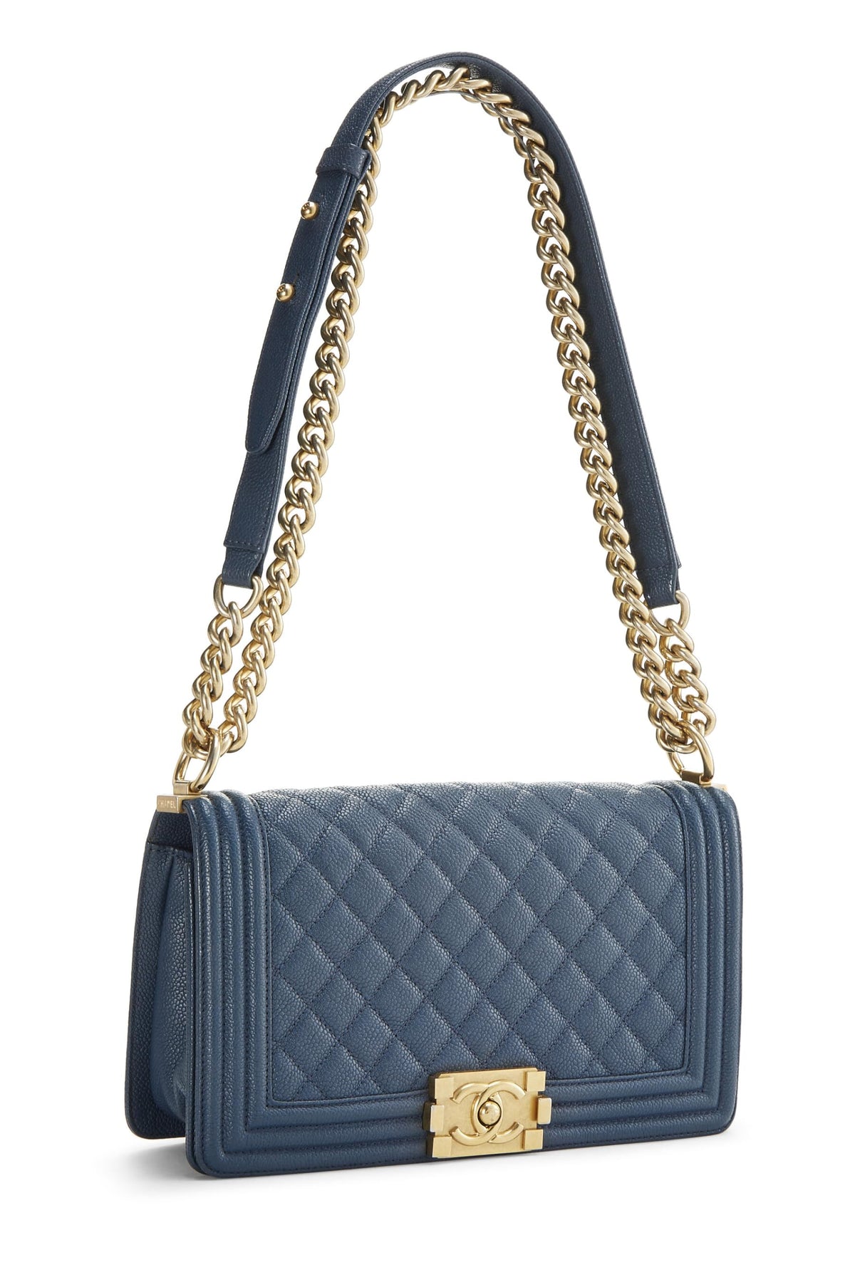 Chanel,  Blue Quilted Caviar Boy Bag Medium, Blue