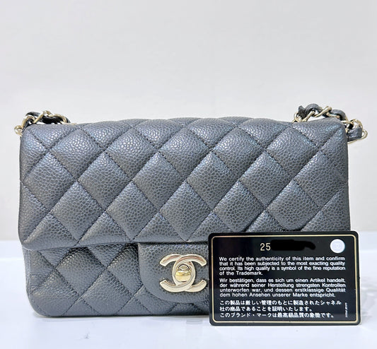 Chanel Classic Mini Rectangular 18S Dark Gray/Grey Quilted Caviar light gold hardware