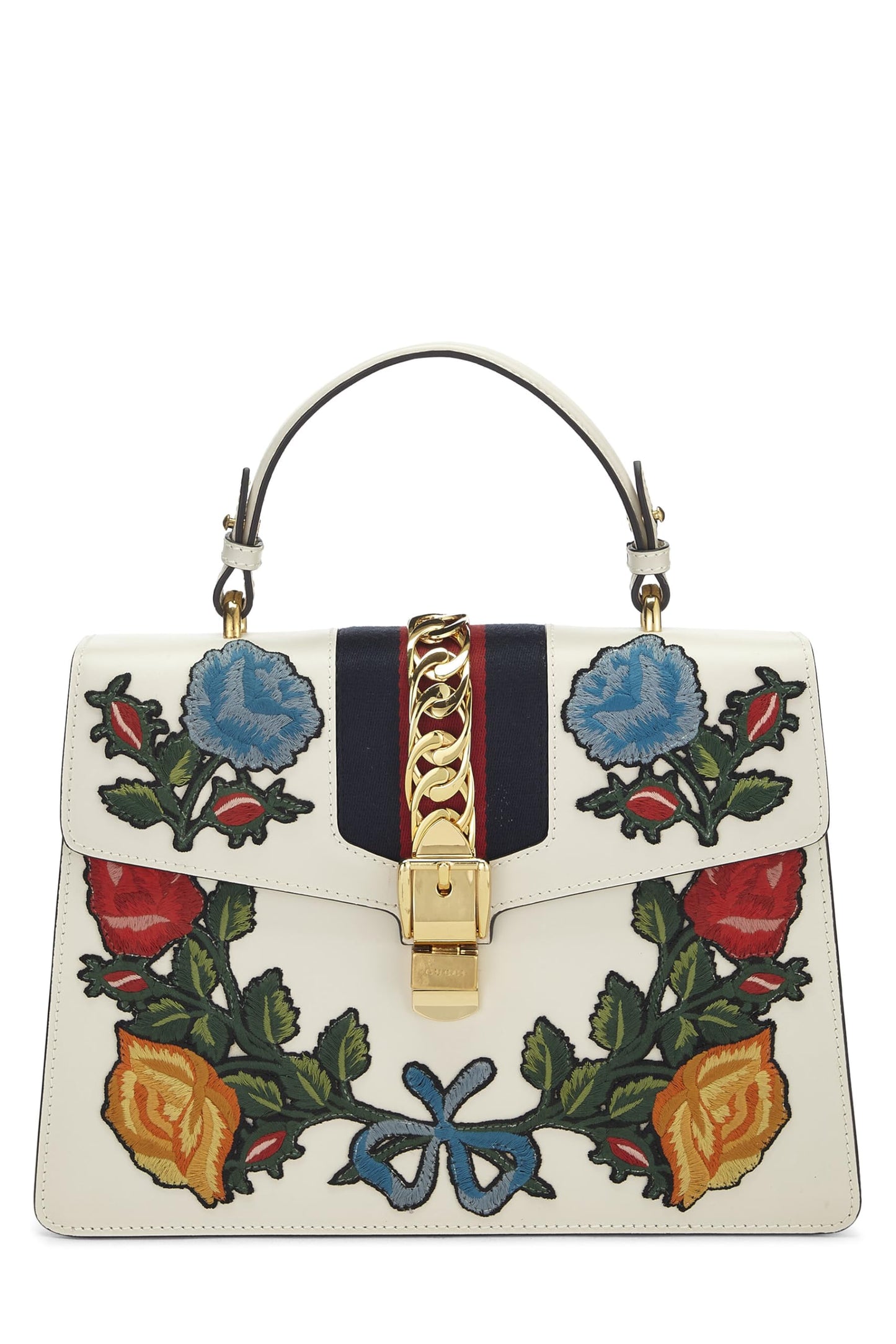 Gucci, White Floral Embroidered Leather Sylvie Medium, White