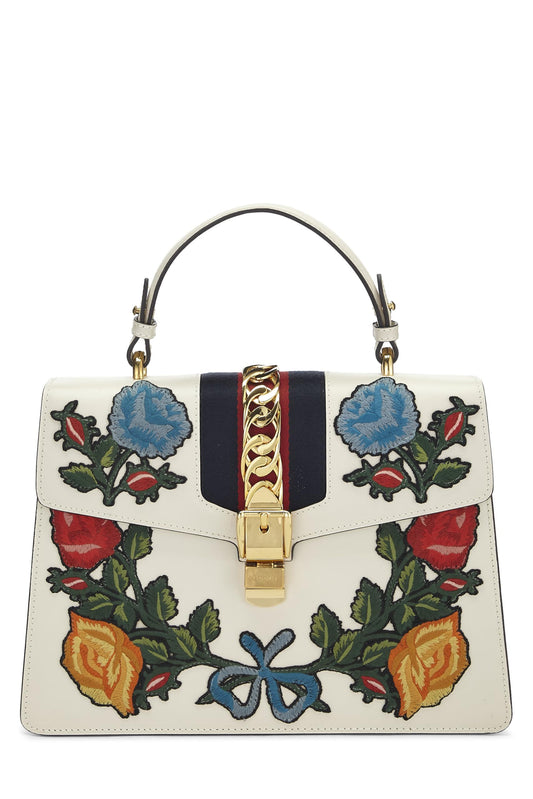 Gucci, White Floral Embroidered Leather Sylvie Medium, White