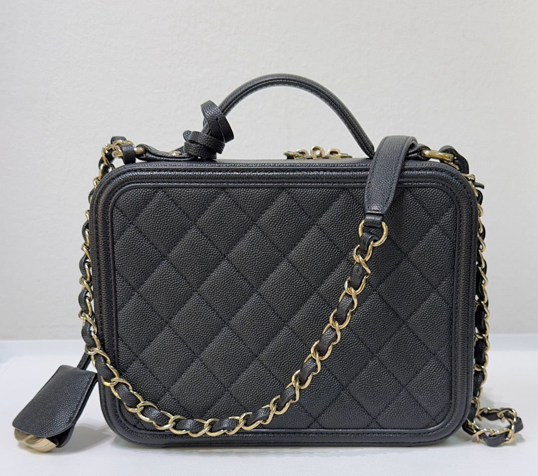 Chanel Medium Filigree Vanity Case Quilted Caviar Black GHW