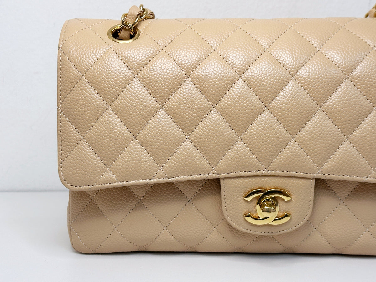 Chanel Medium Caviar Classic Double Flap Bag Beige 2552 holo card