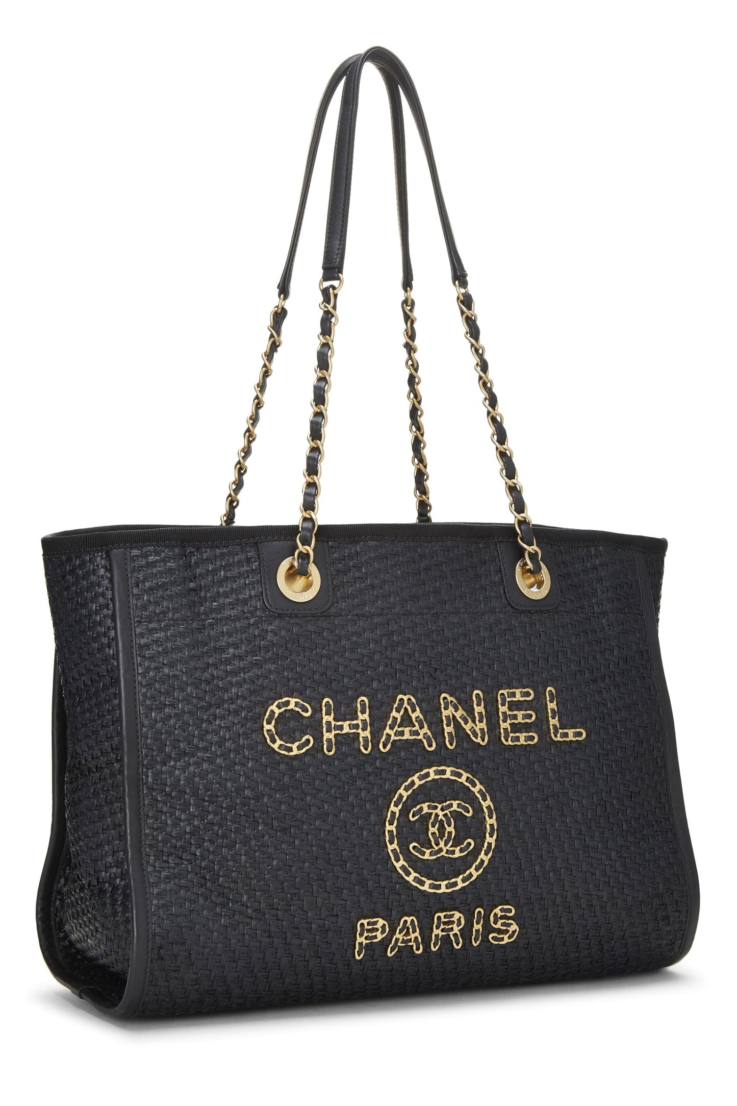 Chanel,  Black & Natural Woven Raffia Deauville Tote Medium, Black