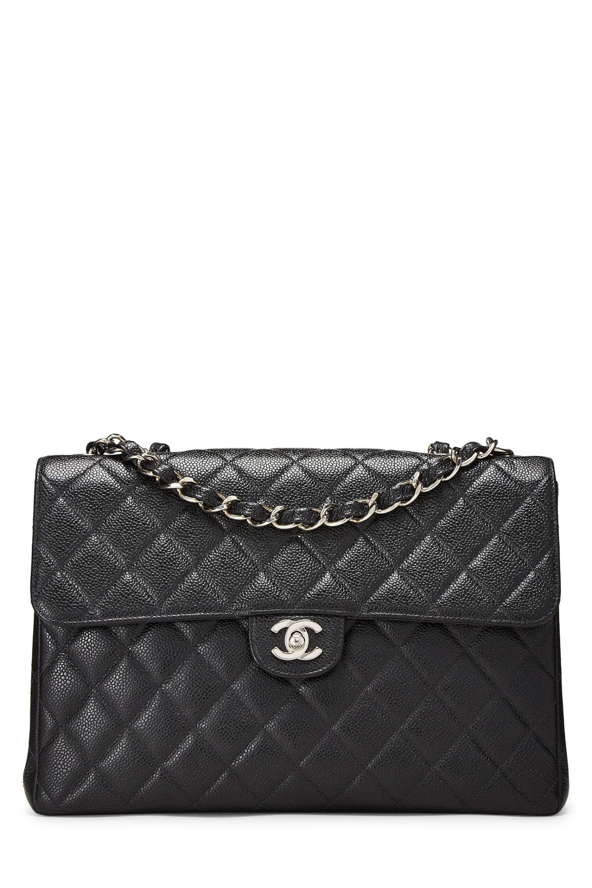 Chanel,  Black Quilted Caviar Half Flap Jumbo, Black