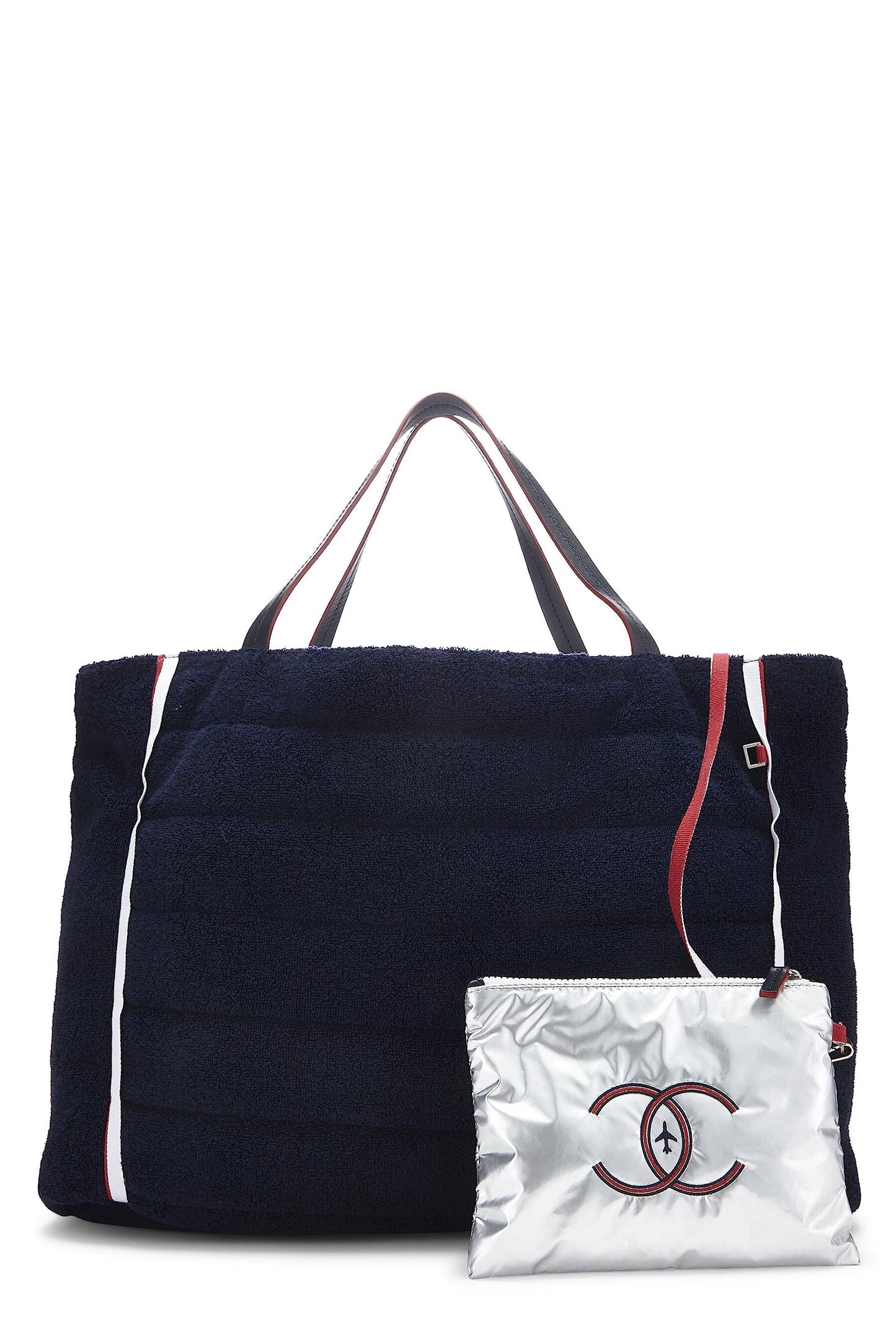 Chanel,  Navy Terry Cloth & Silver Nylon Reversible Airlines Tote Large, Silver