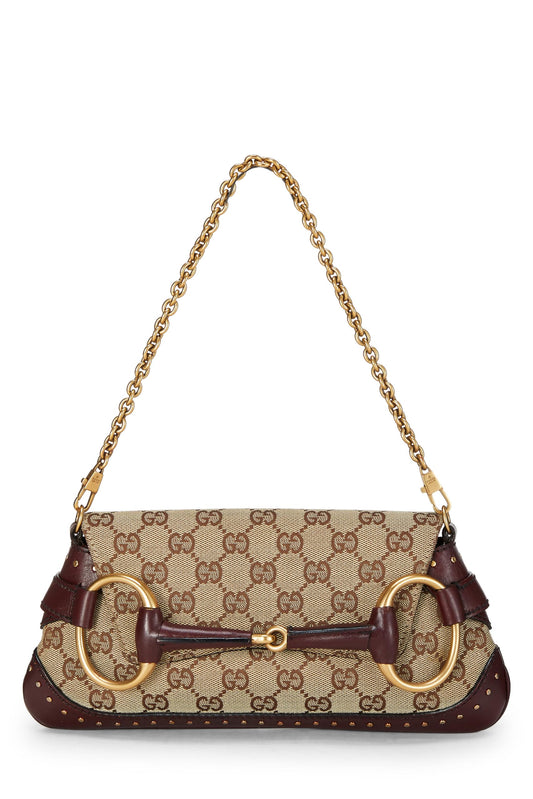 Gucci, Burgundy Original GG Canvas Studded Horsebit Chain Clutch, Burgundy