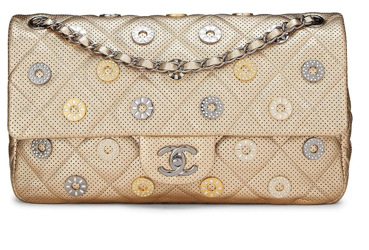 Chanel,  Paris-Dubai Gold Perforated Leather Medals Flap Jumbo, Gold
