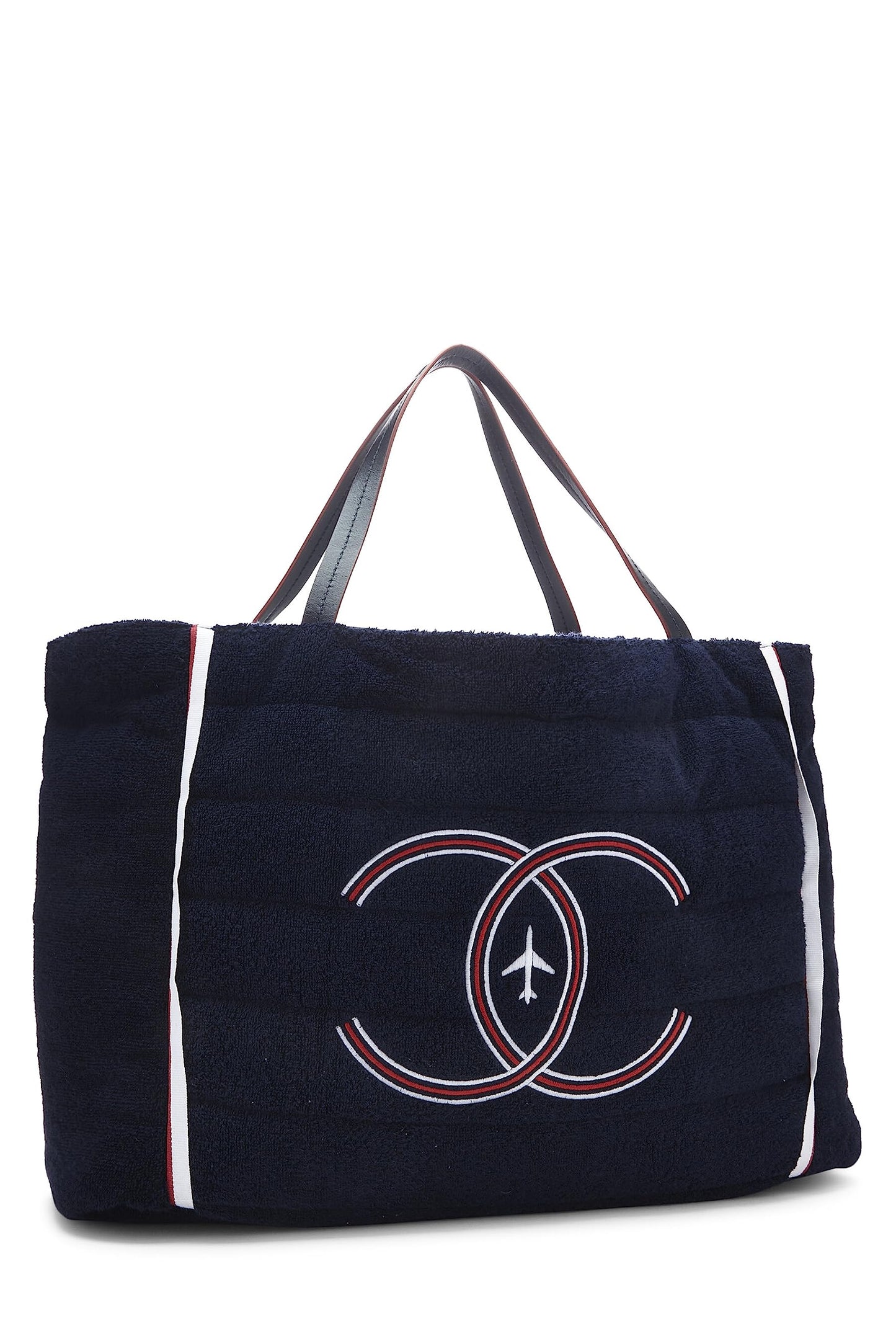 Chanel,  Navy Terry Cloth & Silver Nylon Reversible Airlines Tote Large, Silver