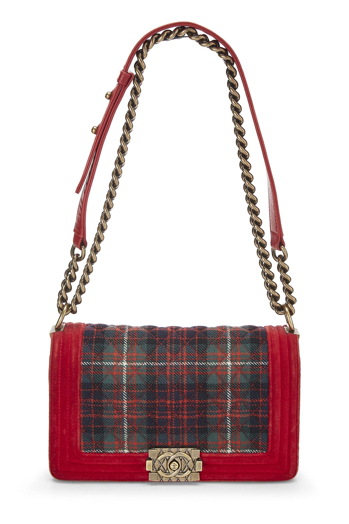 Chanel,  Paris-Edinburgh Red Tartan Velvet Boy Bag Medium, Red