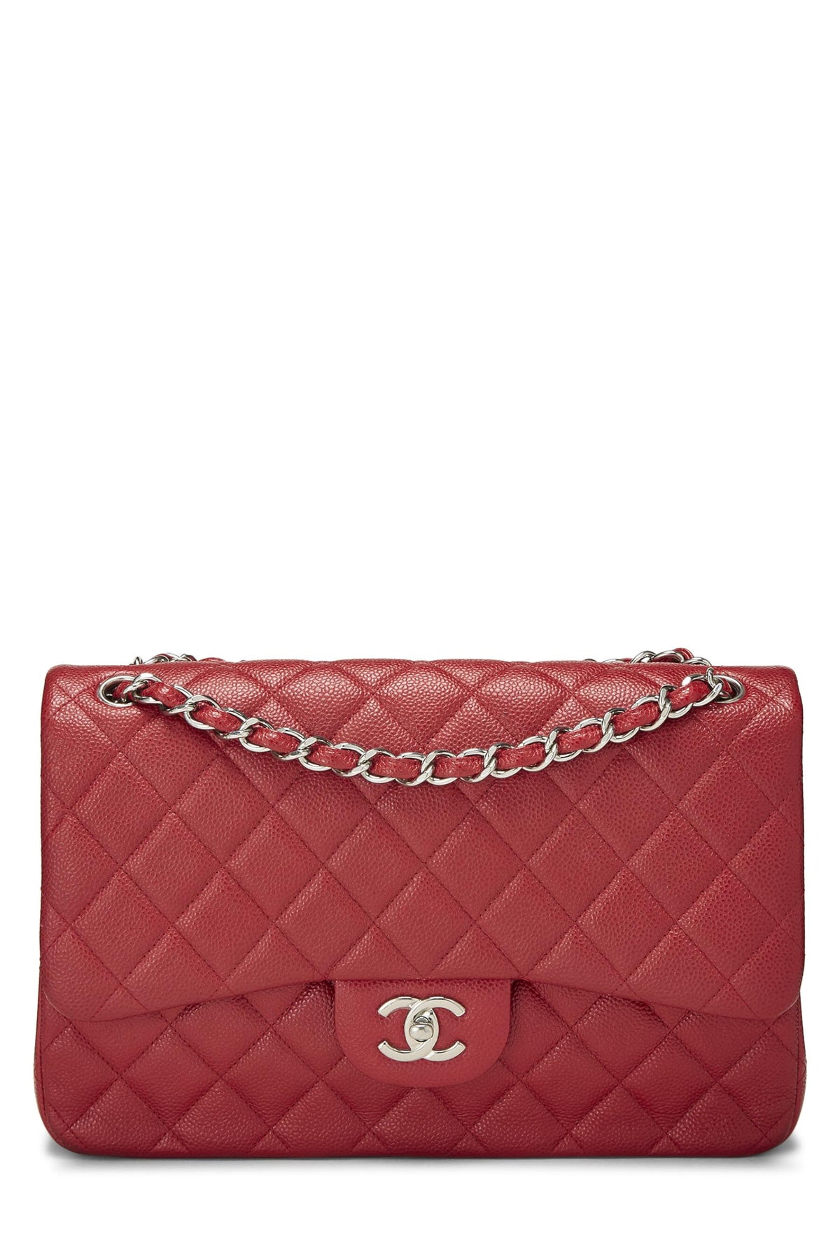 Chanel,  Red Quilted Caviar New Classic Double Flap Jumbo, Red