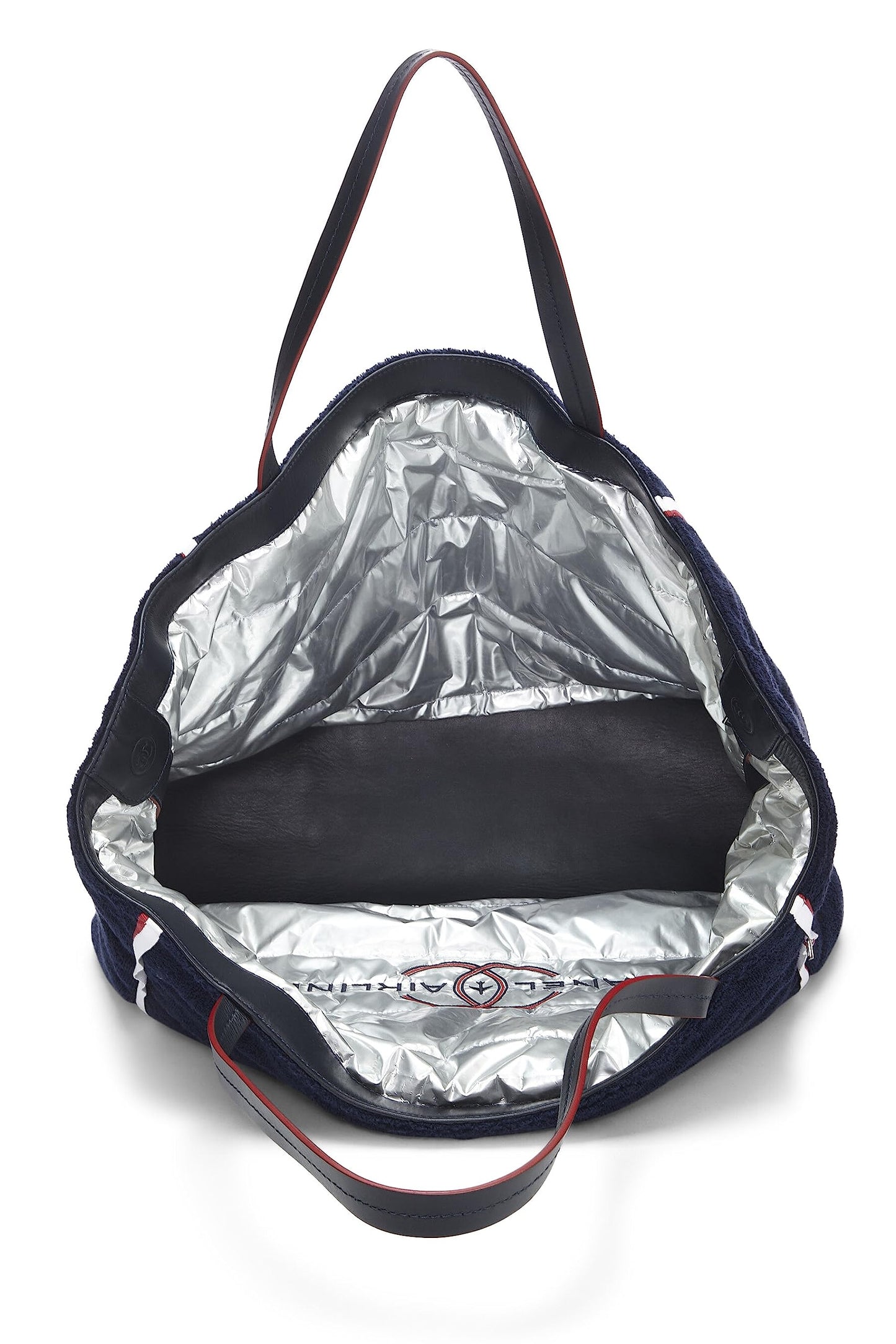 Chanel,  Navy Terry Cloth & Silver Nylon Reversible Airlines Tote Large, Silver
