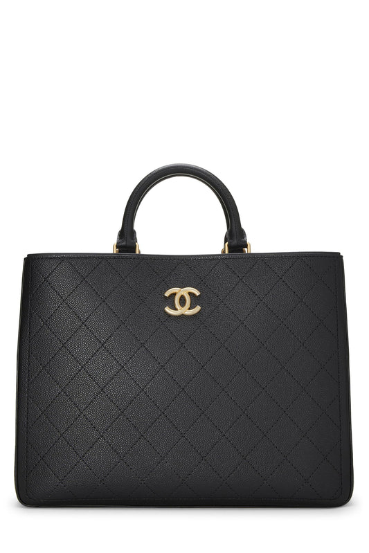 Chanel,  Black Quilted Caviar Shopping Tote Large, Black