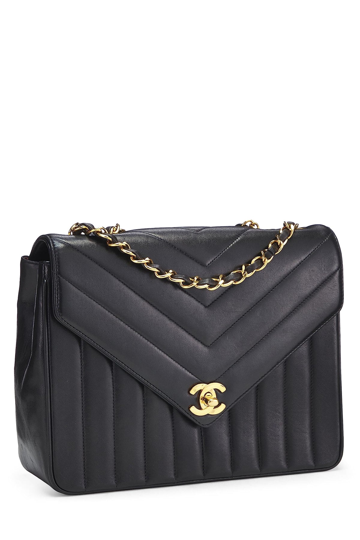Chanel,  Black Chevron Lambskin Envelope Flap Small, Black