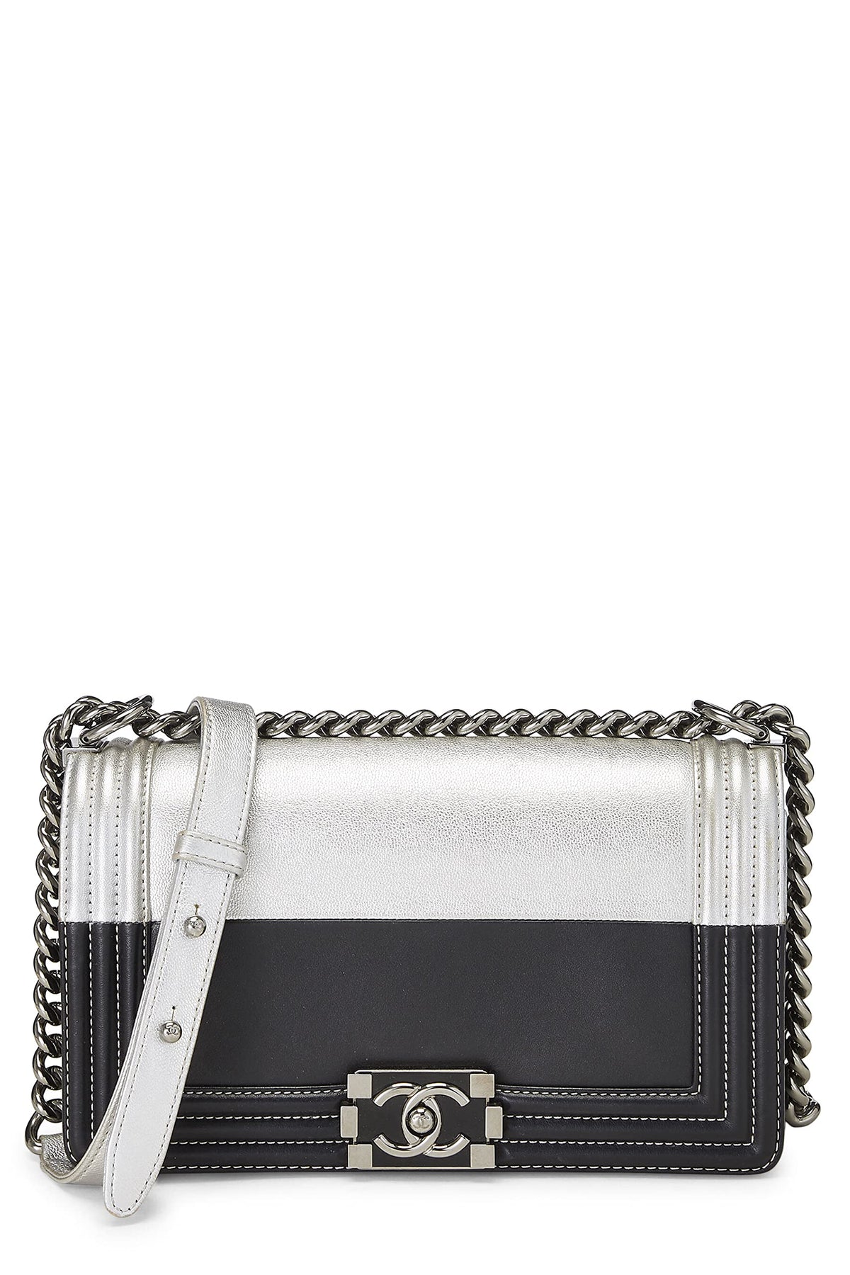 Chanel,  Black & Metallic Silver Bi-Color Calfskin Boy Bag Medium, Multi