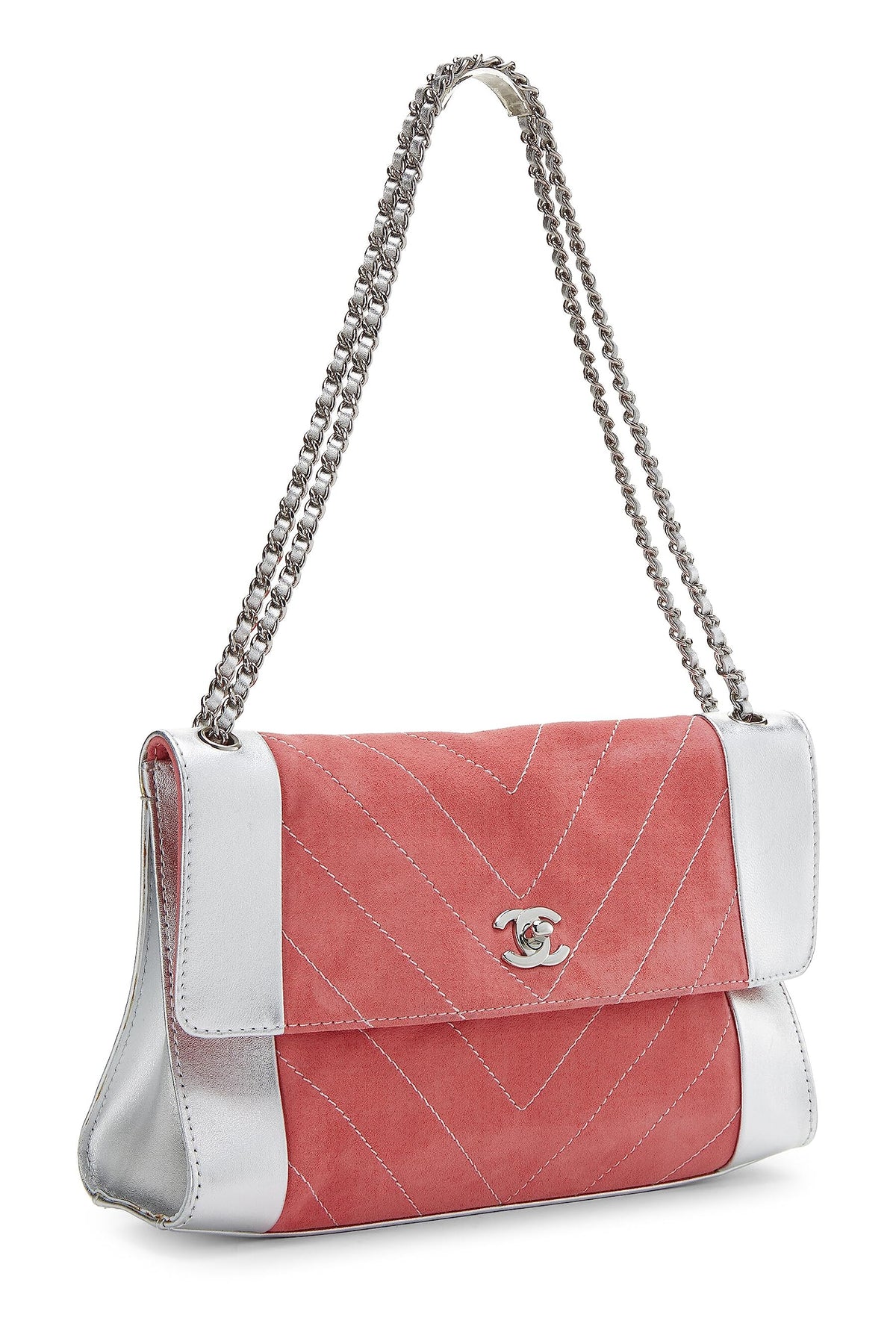 Chanel,  Pink Suede & Silver Leather Chevron Flap Medium, Pink