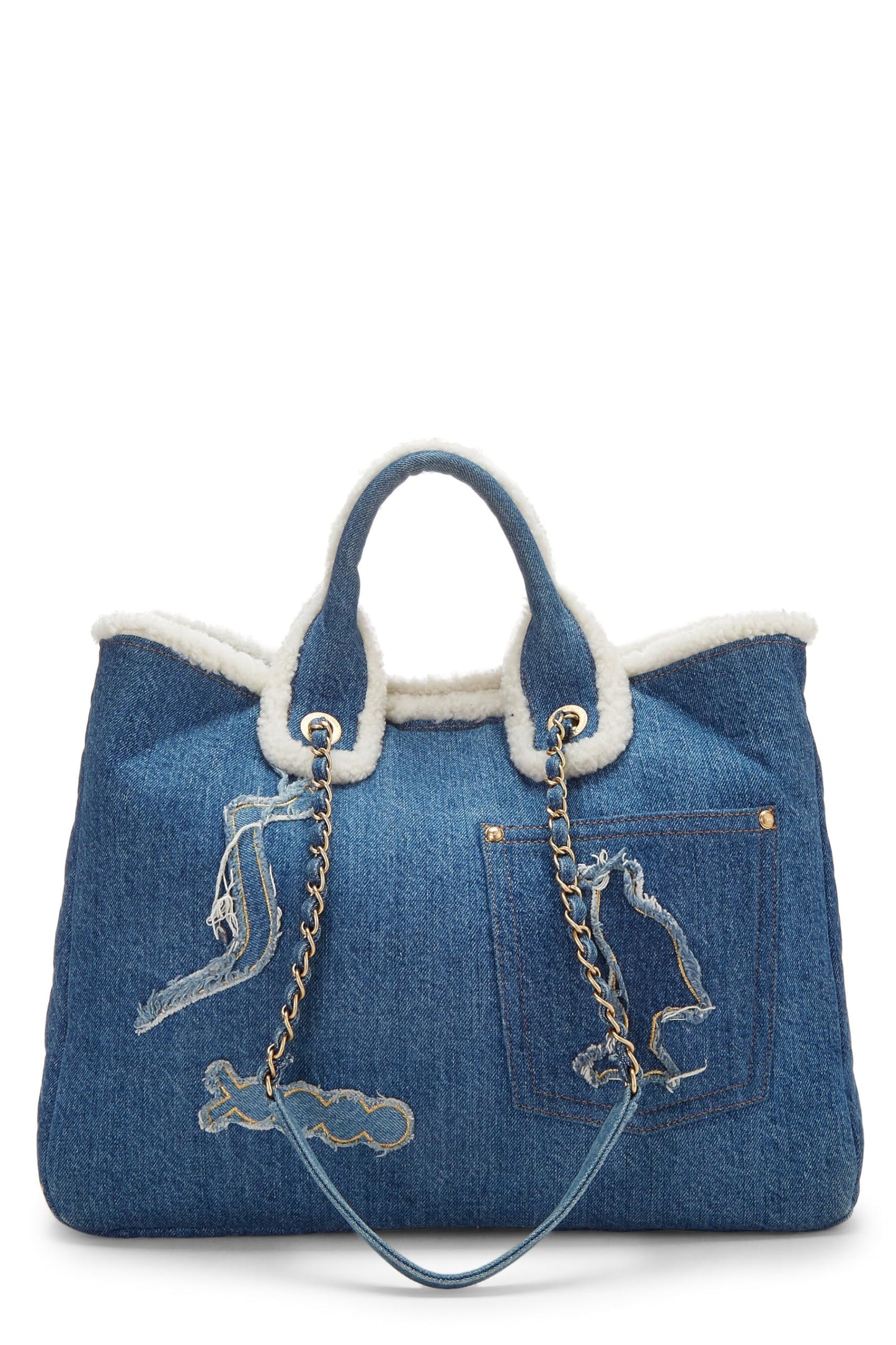 Chanel,  Paris-Egypt Blue Denim & Shearling Hieroglyph Shopping Tote, Blue