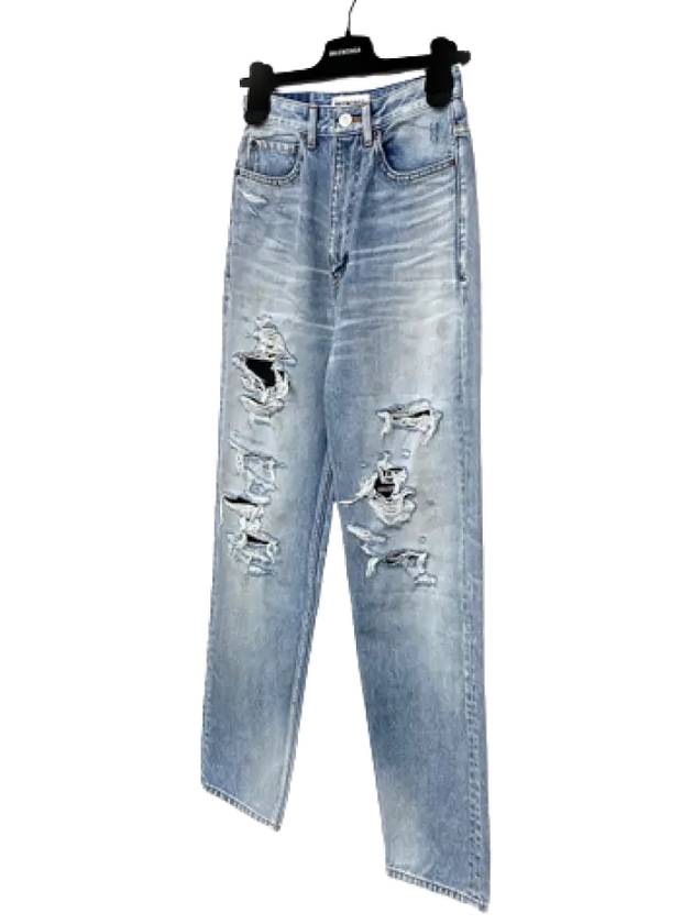 Luxury Balenciaga  WoMen's Distressed Denim Straight Jeans Vintage Blue