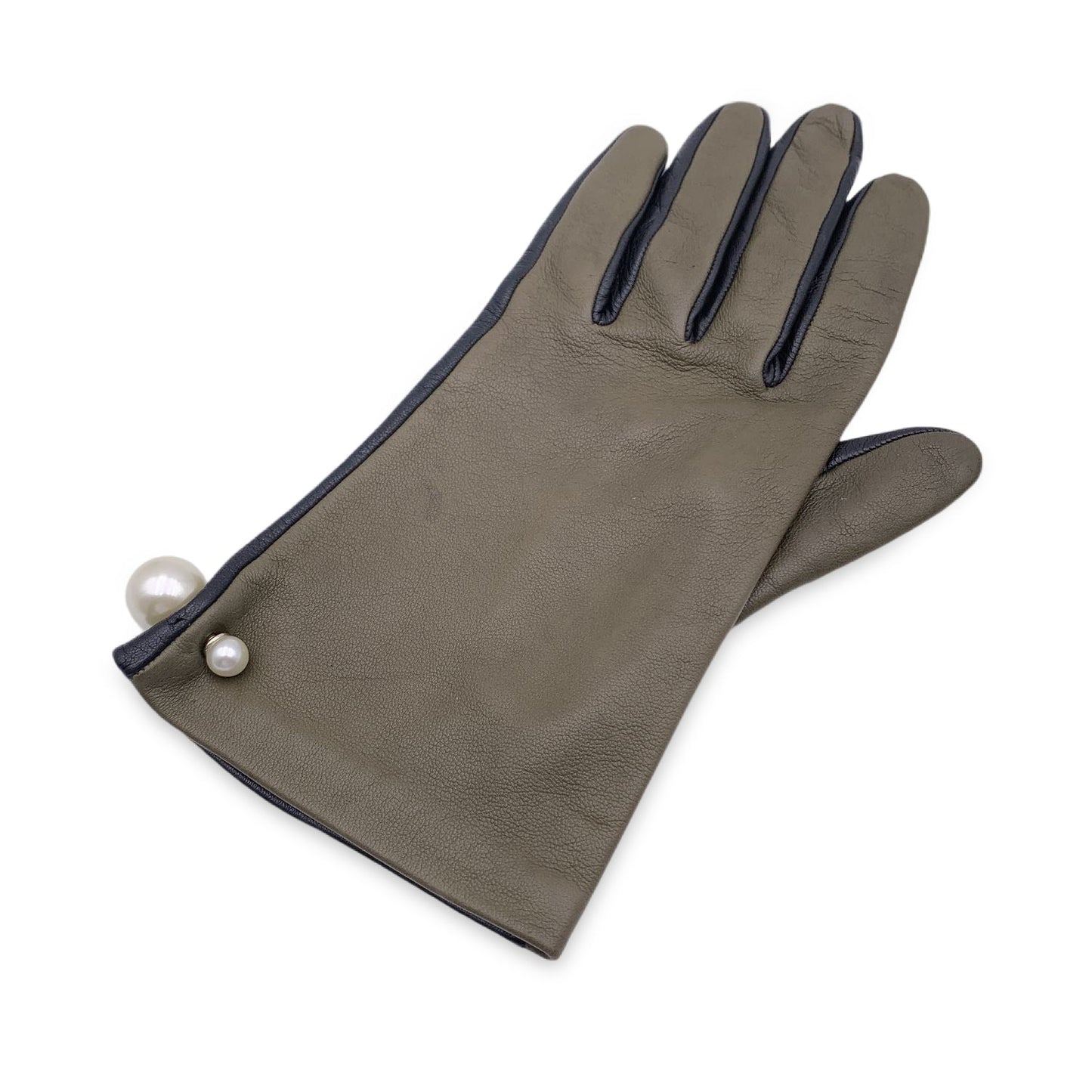 CHRISTIAN DIOR Green Black Leather Tribales Pearl Gloves Size 7.5