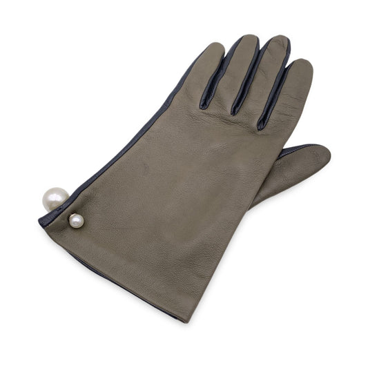 CHRISTIAN DIOR Green Black Leather Tribales Pearl Gloves Size 7.5