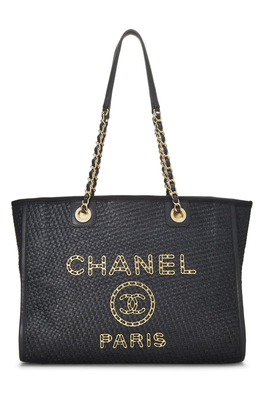 Chanel,  Black & Natural Woven Raffia Deauville Tote Medium, Black
