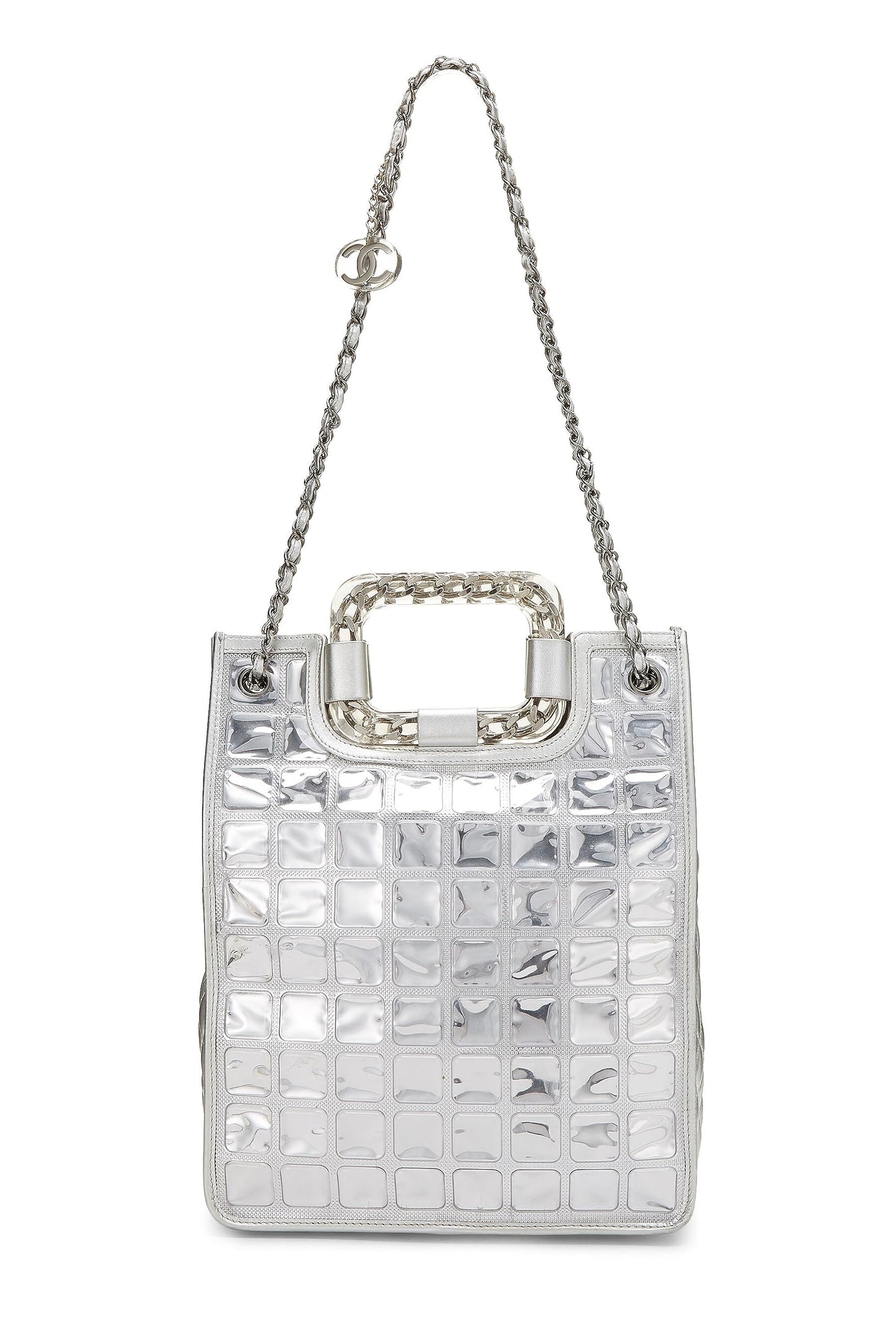 Chanel,  Metallic Silver Quilted Leather Ice Cube Shopping Tote, Silver
