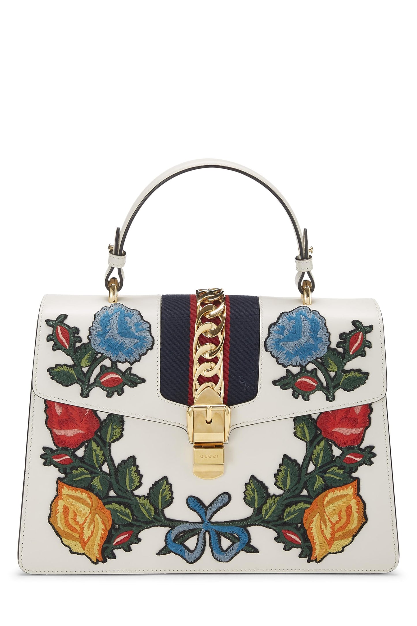 Gucci, White Leather Embroidered Sylvie Top Handle Bag Medium, White