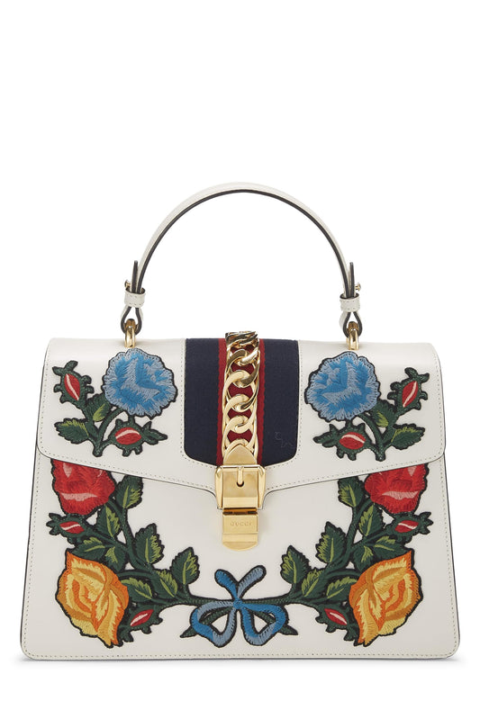 Gucci, White Leather Embroidered Sylvie Top Handle Bag Medium, White