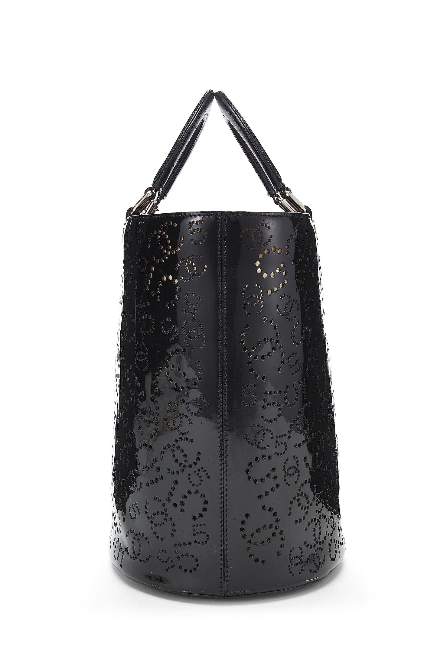 Chanel,  Black Perforated Patent Leather Vertical Bucket Tote, Black