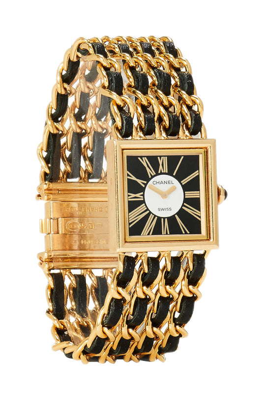 Chanel,  18K Yellow Gold & Black Leather Mademoiselle Watch Medium, Black