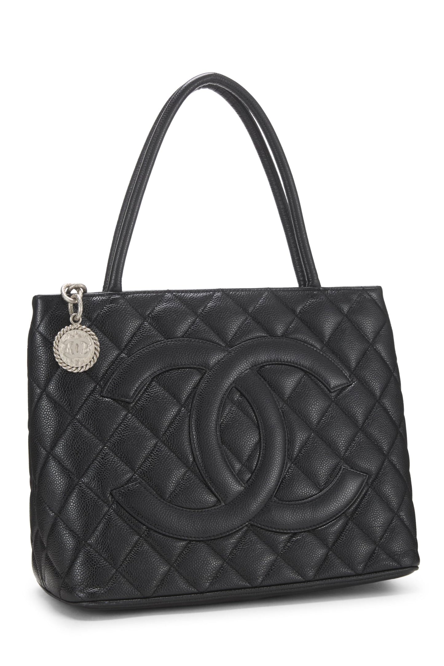 Chanel,  Black Quilted Caviar Medallion Tote, Black