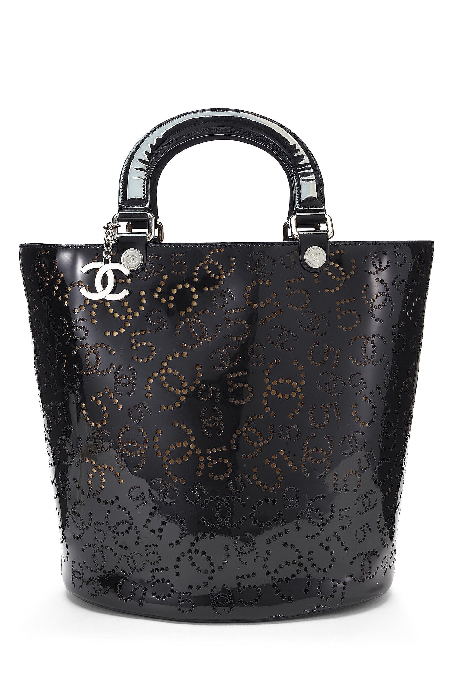 Chanel,  Black Perforated Patent Leather Vertical Bucket Tote, Black