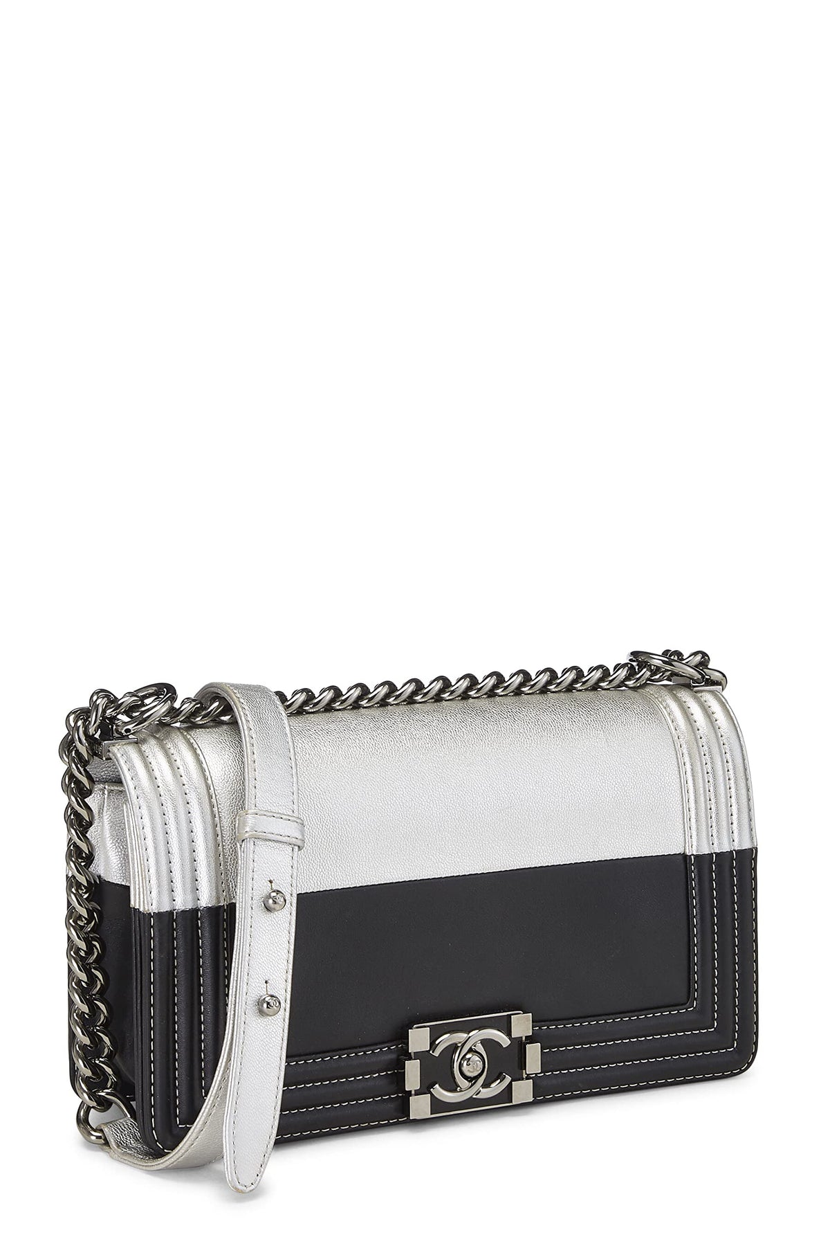 Chanel,  Black & Metallic Silver Bi-Color Calfskin Boy Bag Medium, Multi