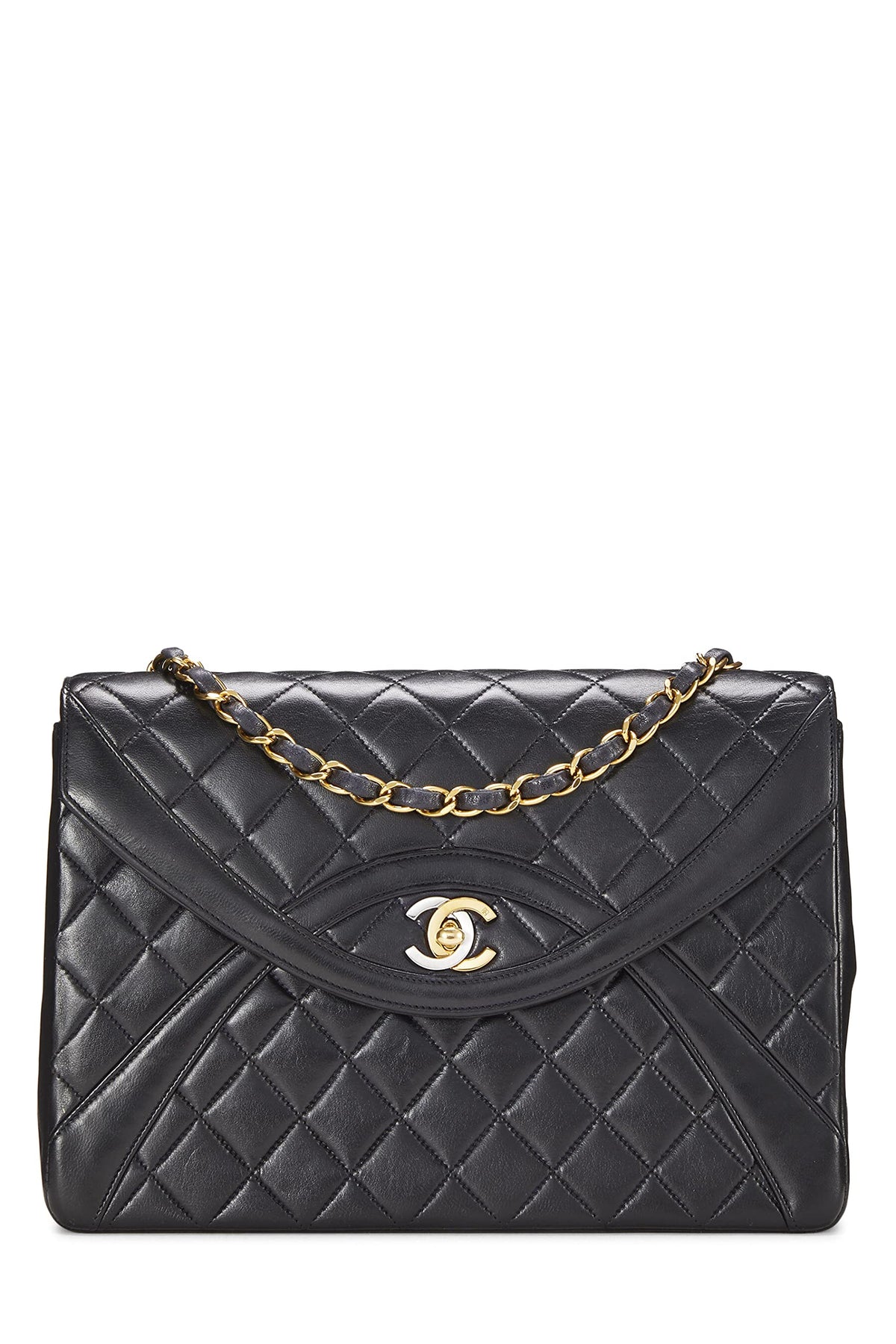 Chanel,  Black Quilted Lambskin Paris Limited Curved Flap Medium , Black