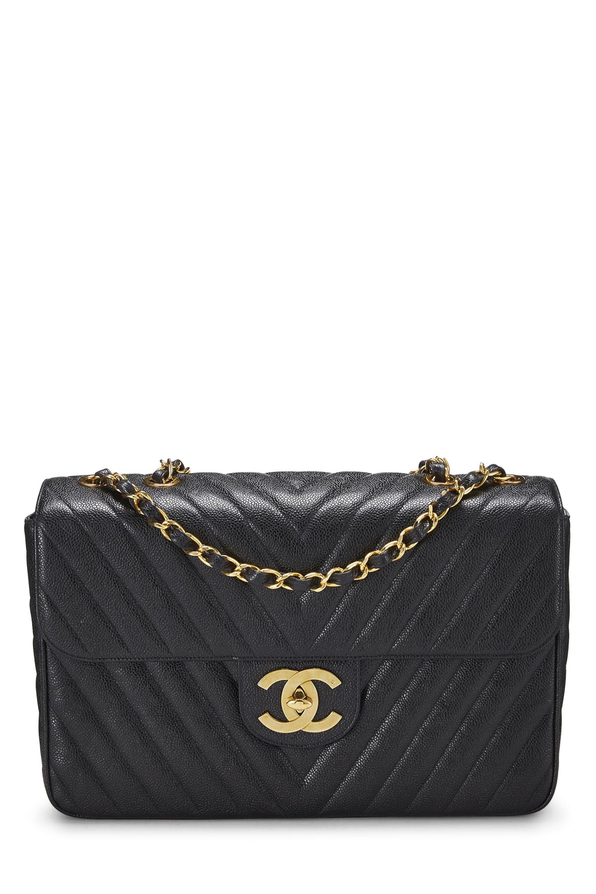 Chanel,  Black Chevron Caviar Half Flap Maxi, Black
