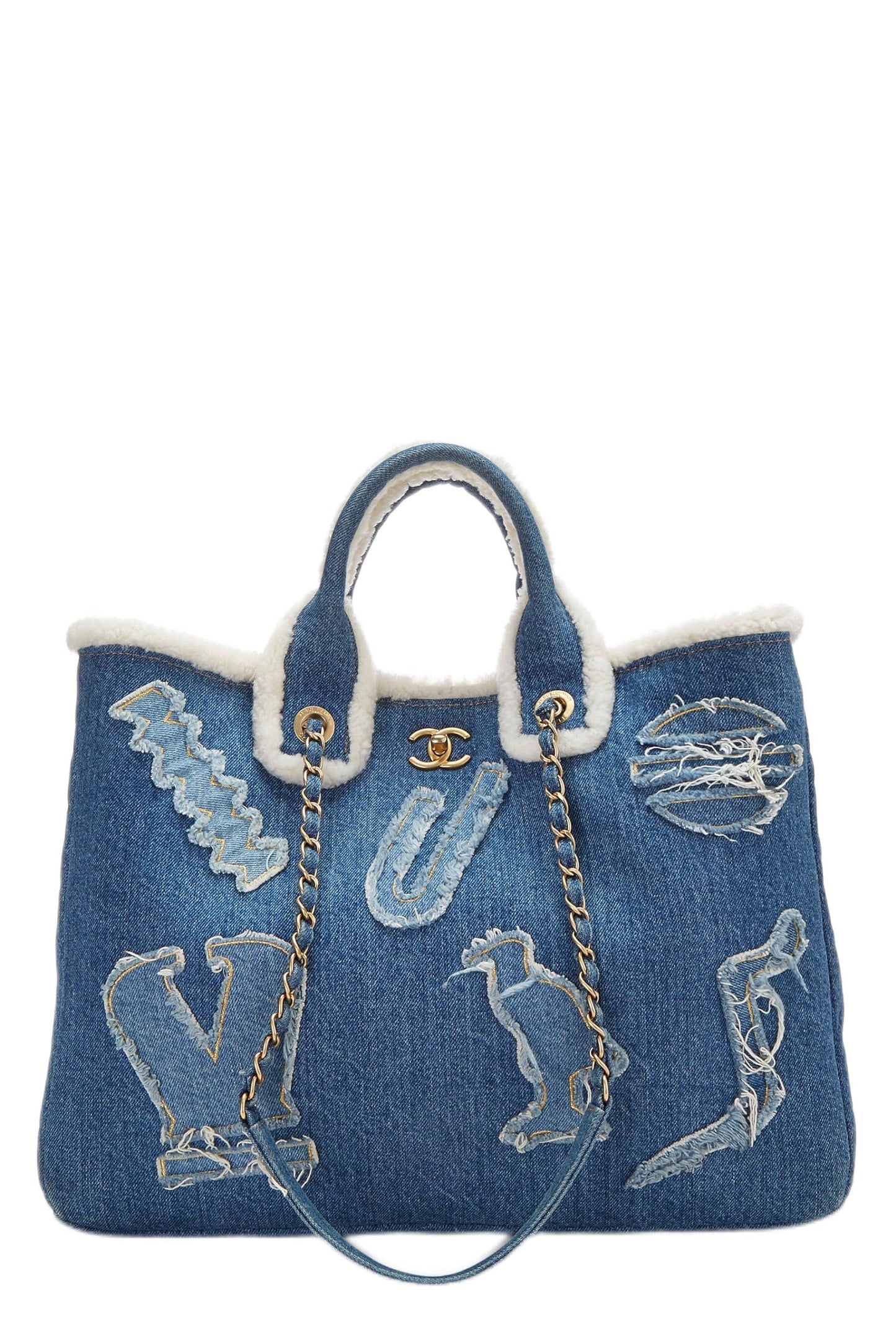 Chanel,  Paris-Egypt Blue Denim & Shearling Hieroglyph Shopping Tote, Blue