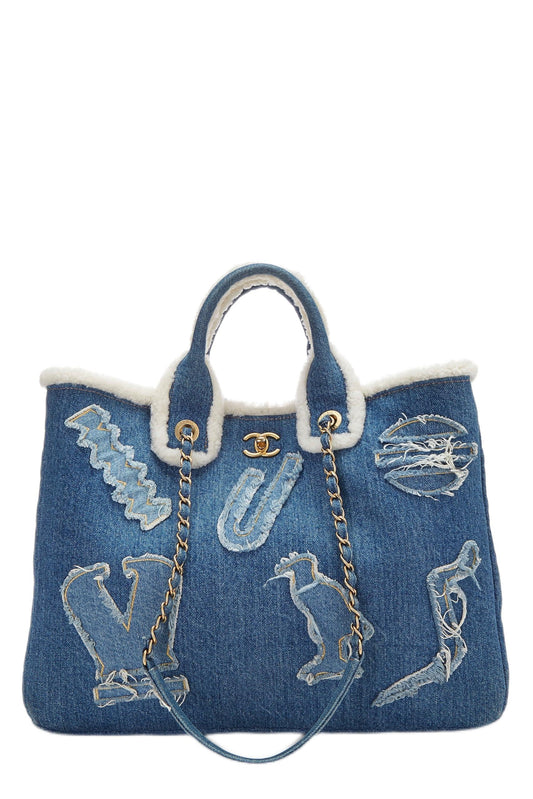 Chanel,  Paris-Egypt Blue Denim & Shearling Hieroglyph Shopping Tote, Blue