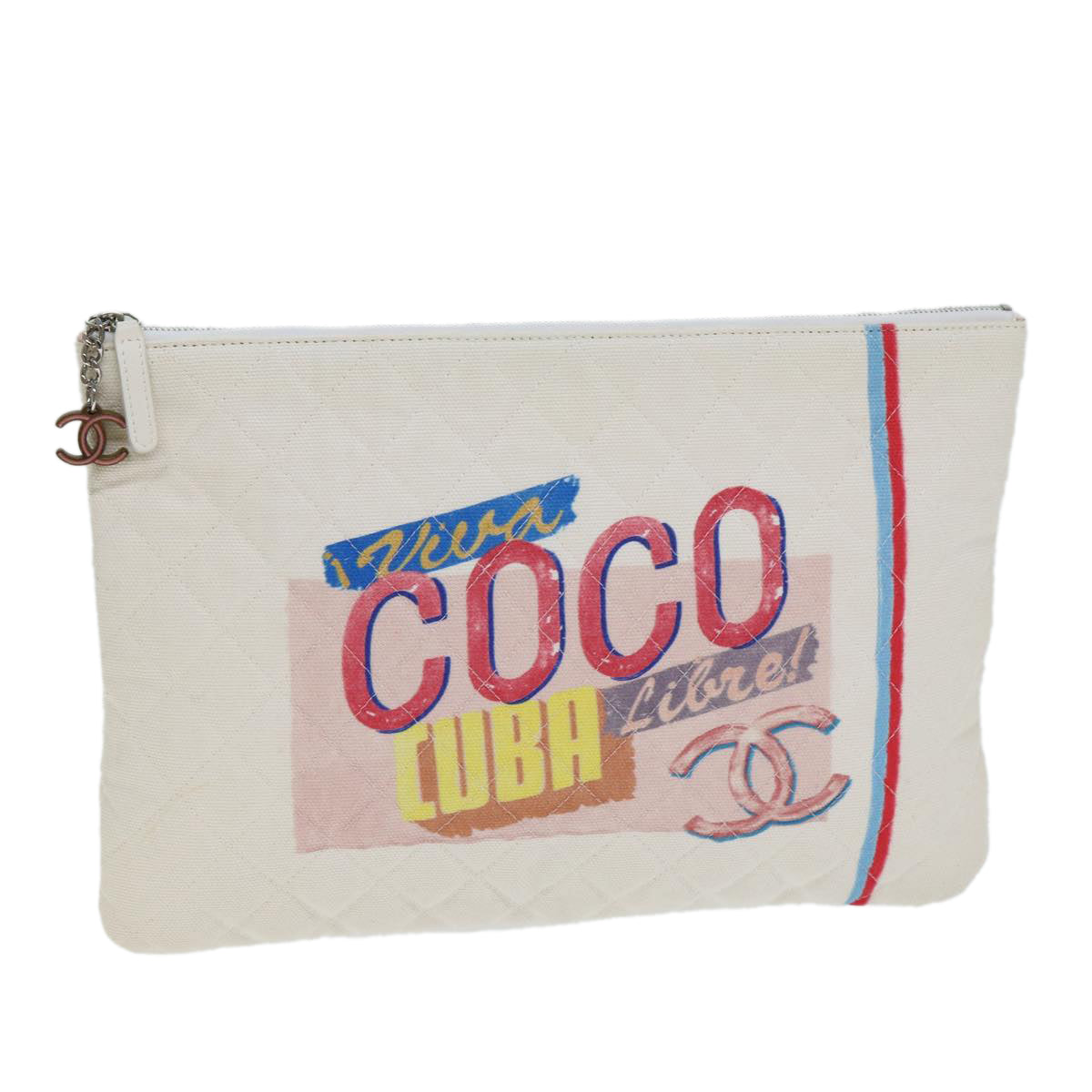 Top Quality Chanel Matelasse Clutch Bag Canvas Ivory CC Auth 82075